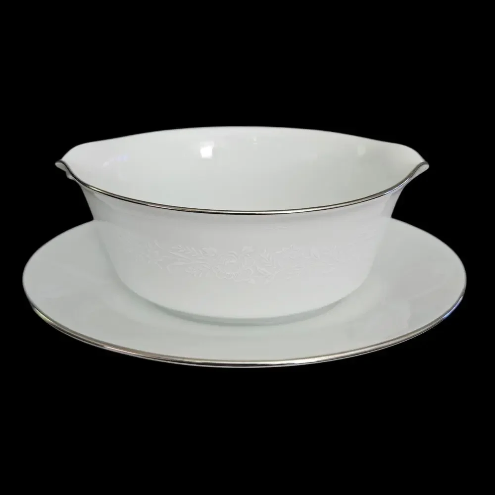Noritake Reina 6450 Gravy Boat w Attached Underplate White Floral Platinum Trim
